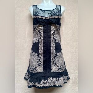 FREE PEOPLE Peacock Print Floral Shift Dress, Size 10 Black & Tan Mesh Neck/Back